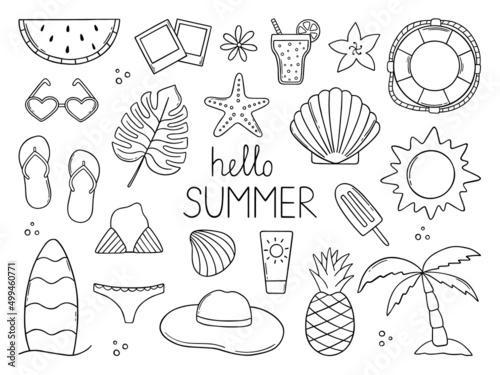 Set of summer doodle.  Summer beach elements in sketch style. Hand drawn vector illustration isolated on white background.
