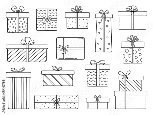 Set of gift box doodle.  Presents boxes with bows and ribbons in sketch style. Hand drawn vector illustration isolated on white background.