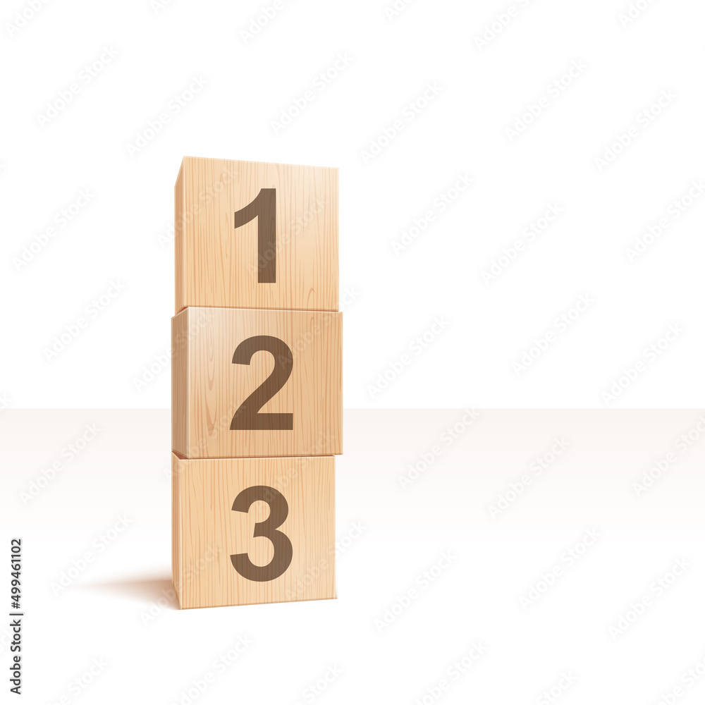 3d Wooden Blocks Tower. 1,2, 3 Count Learnig. Photo Realistic Vector Illustration Isolated On White 3d Wooden Blocks Tower. 1,2, 3 Count Learnig. Photo Realistic Vector Illustration Isolated On White