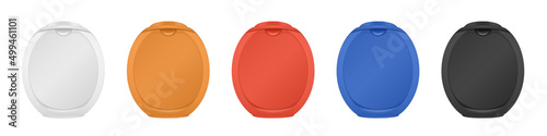 Laundry pods jar. Laundry detergent bottle. Set of white, orange, red, blue and black plastic containers.