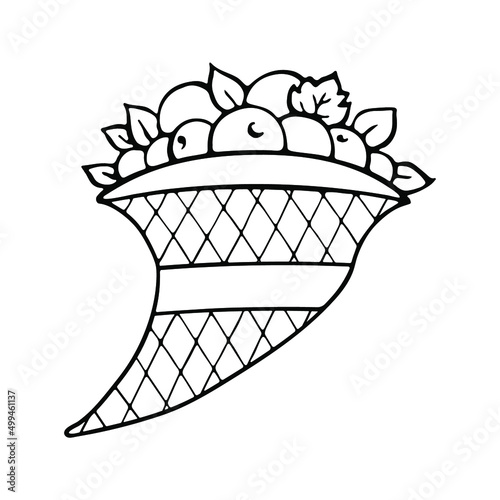 Horn of plenty vector graphic outline ornament, a stylized cup or bowl with fruits and leaves.