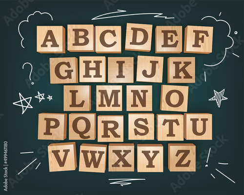 ABC Wooden Blocks Lying On Chalkboard Desk. 3d Photo Realistic Vector Illustration. Top Perspective View