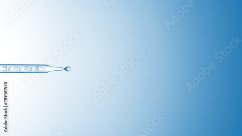 Graduated chemical dropper with clear liquid dropping from it on pale blue background | Abstract skincare cosmetics formulation concept