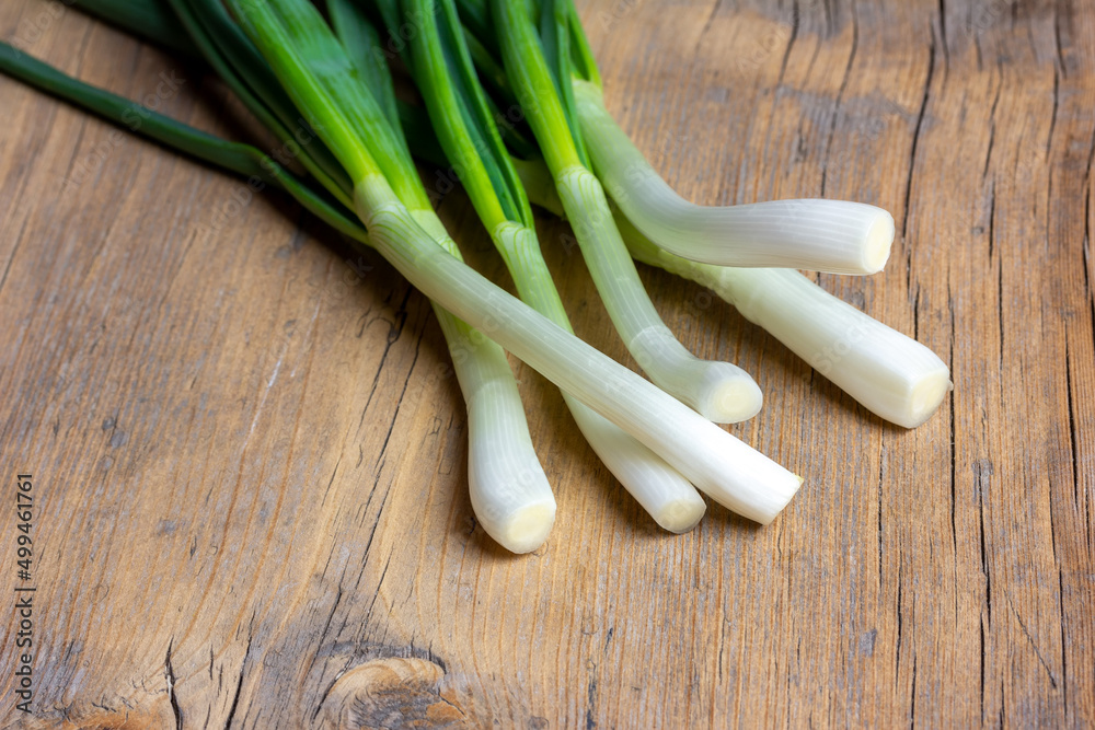 a bunch of young fresh green onions on a wooden background close-up a bunch of young fresh green onions on a wooden background close-up