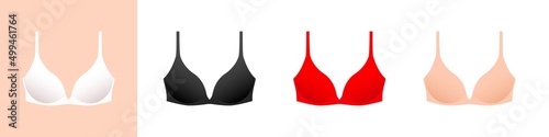 Colored female bras mockup collection. Red lingerie with an elegant black design. Modern sexy style of beige textile clothing with beautiful vector shapes