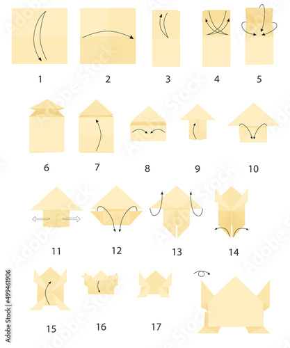 instructions on how to make a jumping paper frog step by step. handmade paper crafts. origami. reference. flat vector.