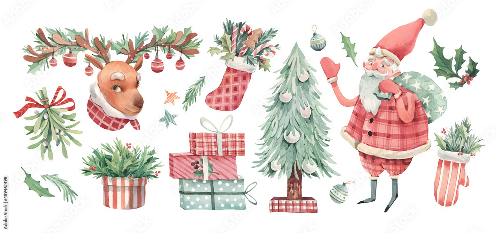 New Year's set in red-green colors on a white background, includes: Santa Claus, Christmas tree, mistletoe, Christmas bouquets in mittens and felt boots, holly, gifts, deer. Hand-drawn in watercolor