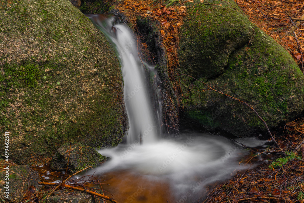 Cerveny creek with Cerveny waterfall in Jizerske mountains in spring morning Cerveny creek with Cerveny waterfall in Jizerske mountains in spring morning