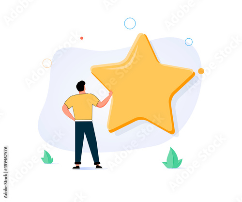 Person looking at shining golden star. Concept of business achievement or accomplishment, task completion, successful