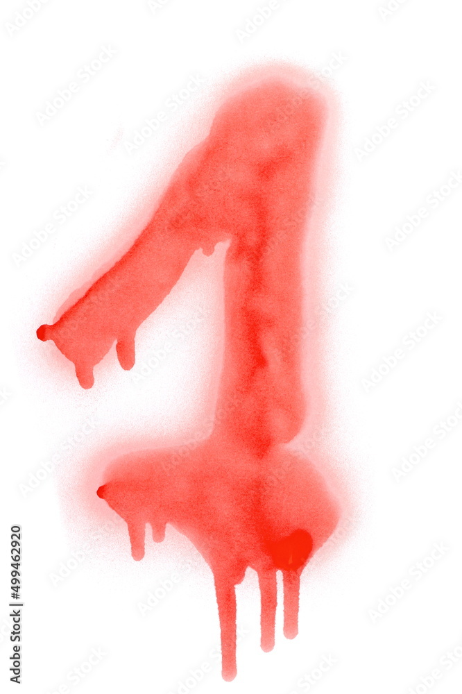 Red spray stain in shape number one, 1 isolated on white