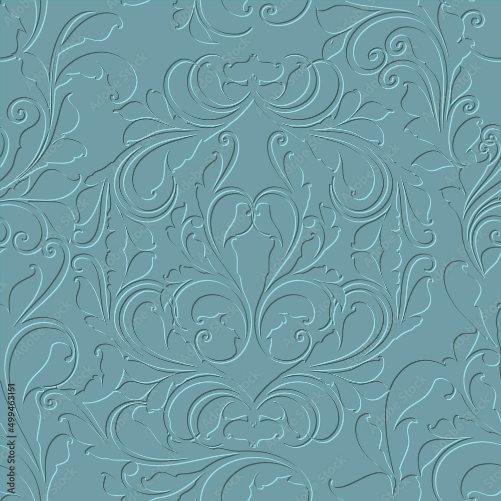 Floral vintage 3d seamless pattern. Vector embossed blue background. Repeat emboss flowers backdrop. Surface relief 3d ornaments in Baroque style. Modern textured flowery design with embossing effect