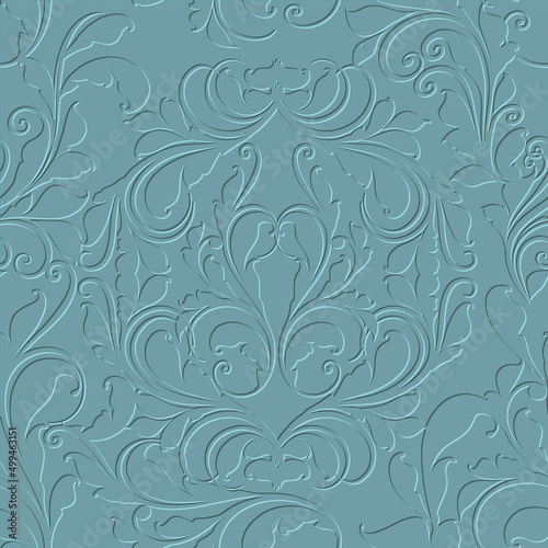 Floral vintage 3d seamless pattern. Vector embossed blue background. Repeat emboss flowers backdrop. Surface relief 3d ornaments in Baroque style. Modern textured flowery design with embossing effect