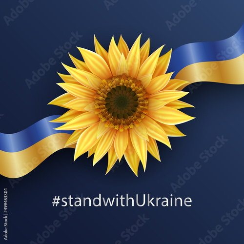 Dark blue vector banner with flag of Ukraine and sunflowers as a national symbol of Ukraine. Stop war in Ukraine poster. Realistic vector illustration. 