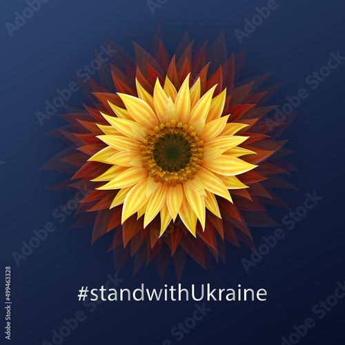 Vector banner with bright blooming yellow sunflower as a national symbol of Ukraine. Support Ukraine poster. Stop War