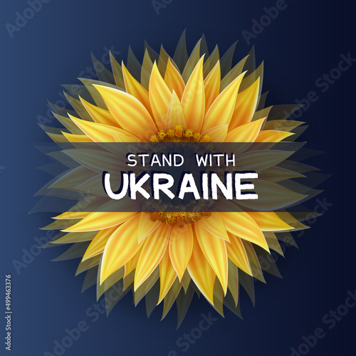 Vector poster with realistic blooming yellow sunflower as a national symbol of Ukraine. Support Ukraine banner. Vector illustration EPS 10