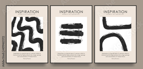 Collection of aesthetic modern posters with strokes on textured vector paper background. For printing, wall decor, prints.