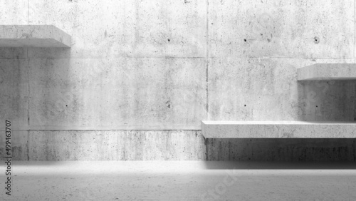 Abstract empty interior, white concrete wall with shelves 3 d