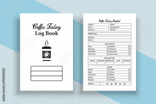 Coffee tasting notebook KDP interior. Coffee information and texture rating journal template. KDP interior logbook. Coffee taste rating and brewing method instruction notebook interior.