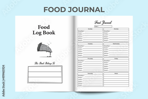 Food journal KDP interior. Daily food habit tracker and food information checker template. KDP interior logbook. Food scheduling and daily meal planner notebook interior. Weekly food info tracker.