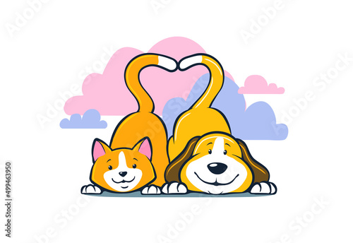 Cartoon happy cat and dog wagging with tails making heart shape, vector illustration pet logo.