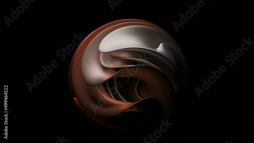 3D ball of curved layers. Design. Rotating 3d ball of petals on black background. Beautiful ball of curves and layers rotating in space