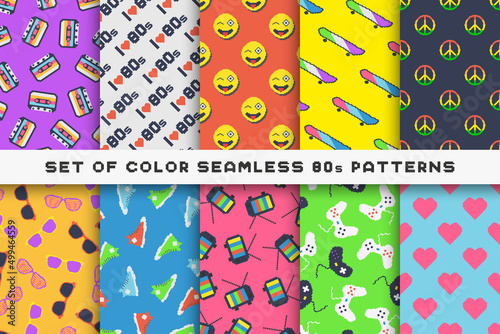Collection of vector colorful seamless retro patternss - fashion style 80 - 90s. Abstract trendy backgrounds. Bright vintage endless prints