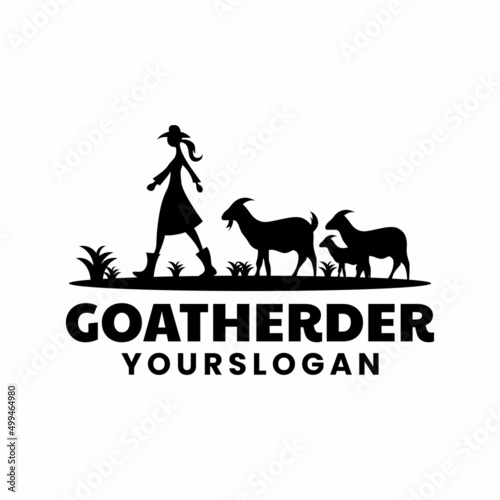 Tablou canvas goat herder silhouette logo design template