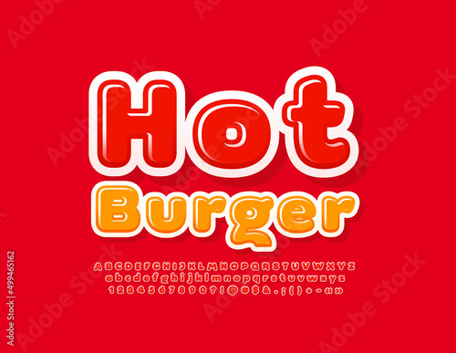 Vector advertising banner Hot Burger. Red Alphabet Letters, Numbers and Symbols set. Bright glossy Font
