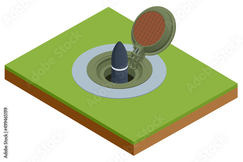 Isometric missile launch facility, underground missile silo, launch facility or nuclear silo. Launching of intercontinental ballistic missiles, intermediate-range ballistic missiles.