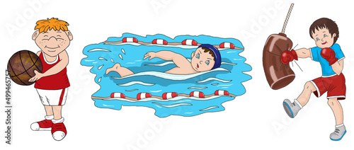 A set of three athletes: boy boxer, boy with a ball, athlete boy who swims in the pool. Colorful illustration in cartoon style. Hand  drawn. Closeup. Template.
