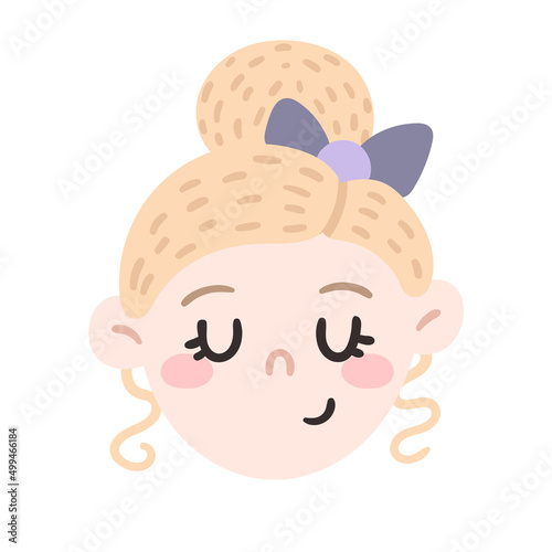 Cute Blonde Smiling Girl with a Bow in her Hair. Vector hand-drawn illustration isolated on a white background.