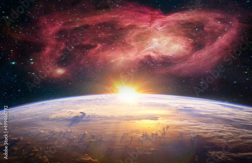 Fototapeta Naklejka Na Ścianę i Meble -  Landscape with Milky way galaxy. Sunrise and Earth view from space with Milky way galaxy. (Elements of this image furnished by NASA)