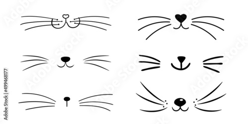 Set of vector flat cat heart nose. Cute cat face silhouette icon collection. Logo illustration isolated on white background