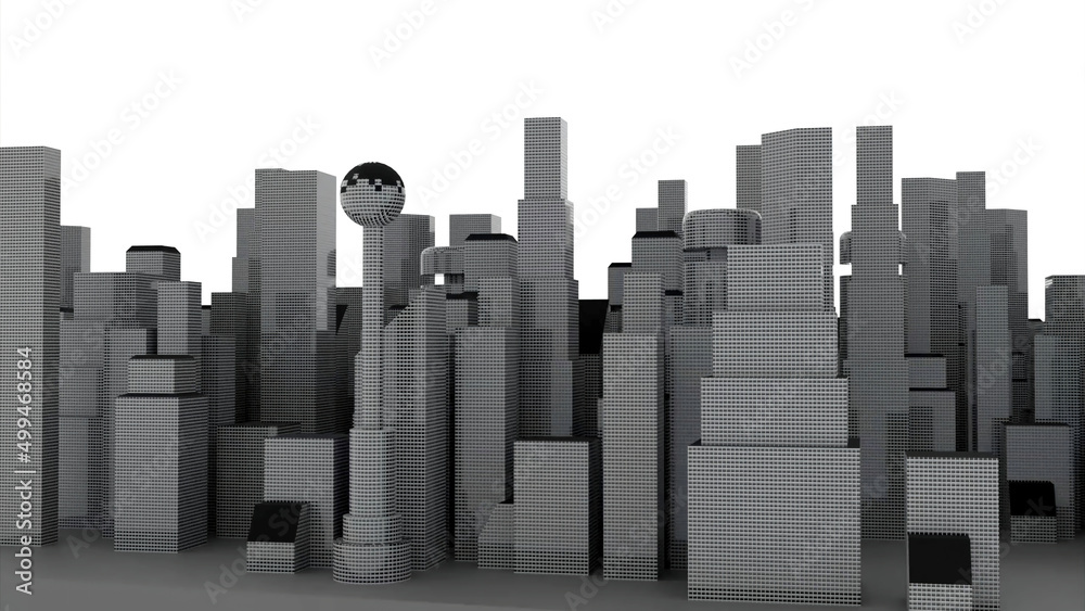 Layout of city with skyscrapers. Design. Virtual 3D city with high-rise buildings. 3D color model of city with skyscrapers is displayed on white background