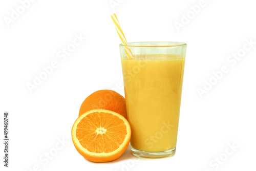 A glass of 100 percent orange juice on a white background