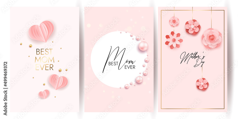 Happy mother's day layout design with roses, lettering, ribbon, frame, dotted background. Vector illustration.  Best mom mum ever cute feminine design for menu, flyer, card, invitation. Set of cards