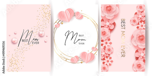Happy mother's day layout design with roses, lettering, ribbon, frame, dotted background. Vector illustration.  Best mom mum ever cute feminine design for menu, flyer, card, invitation. Set of cards