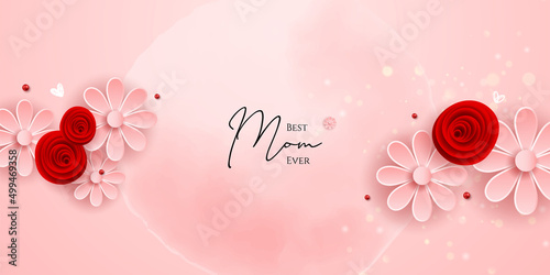 Happy mother's day layout design with roses, lettering, ribbon, frame, dotted background. Vector illustration.  Best mom mum ever cute feminine design for menu, flyer, card, invitation. Set of cards