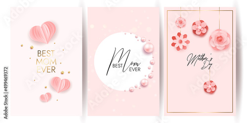 Happy mother's day layout design with roses, lettering, ribbon, frame, dotted background. Vector illustration.  Best mom mum ever cute feminine design for menu, flyer, card, invitation. Set of cards