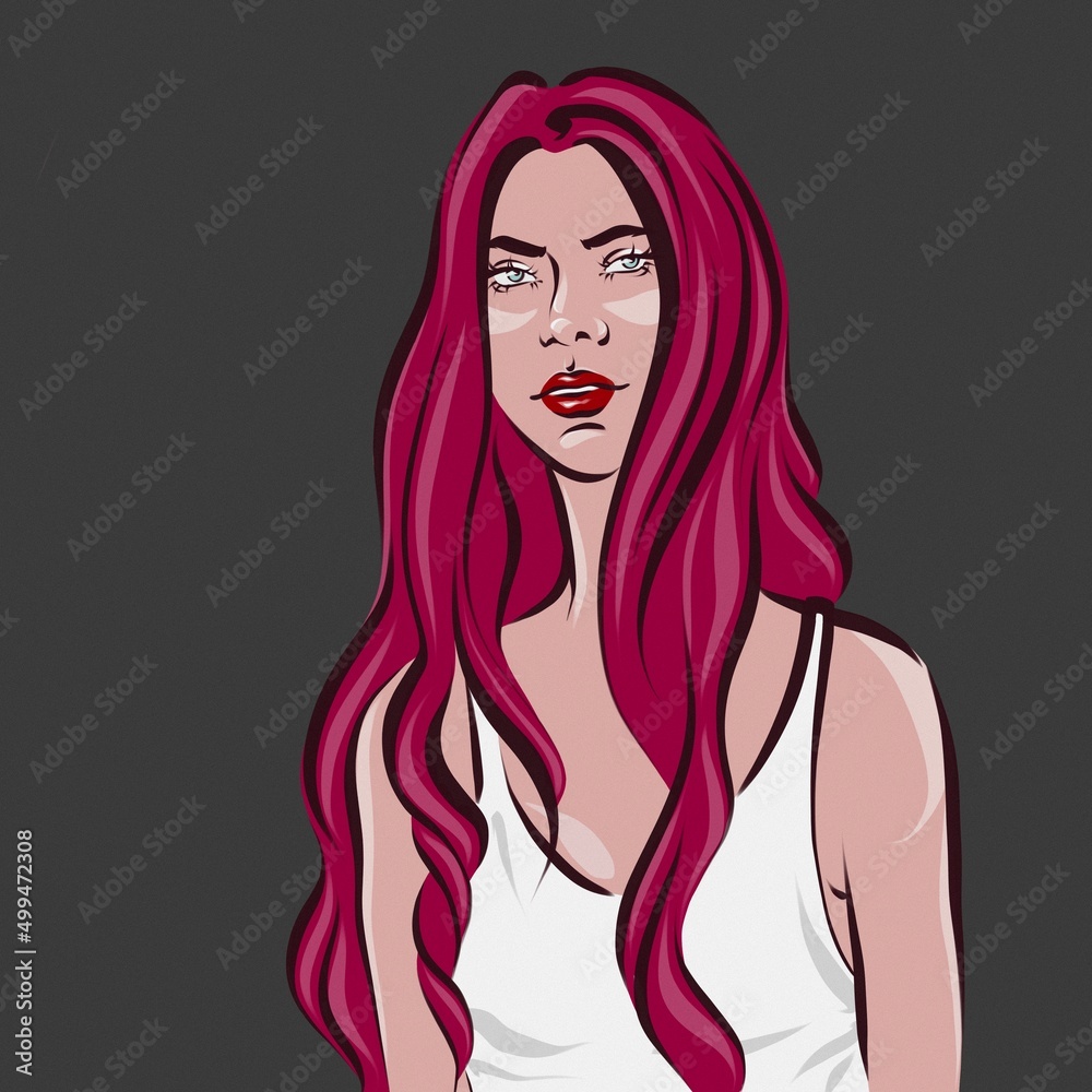 Young woman with long red hair and red lips in a white T-shirt on the black background. Young woman with long red hair and red lips in a white T-shirt on the black background.