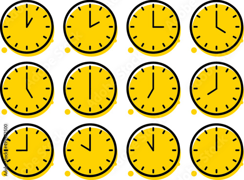 a collection set of yellow analog clocks telling the time photo