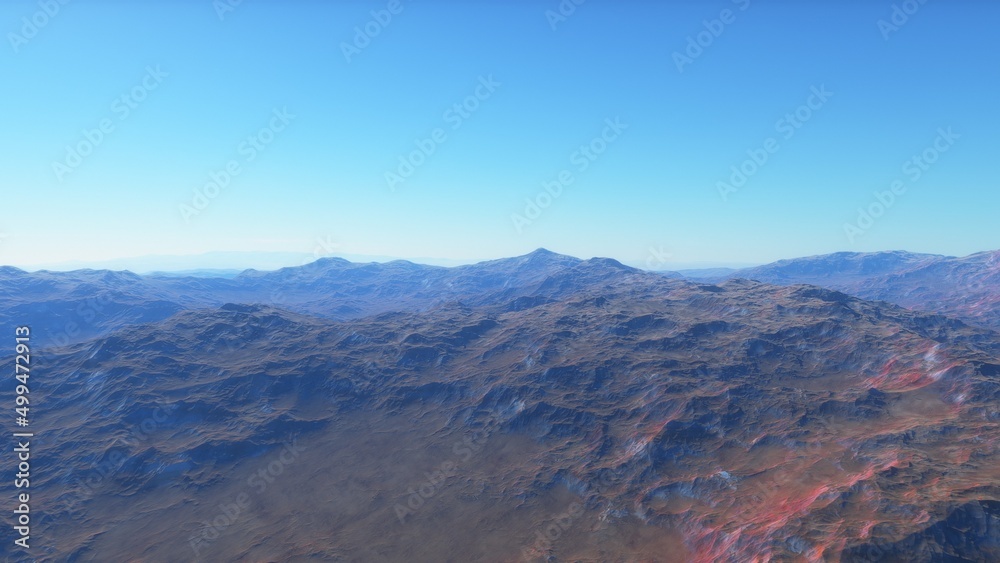 Exoplanet fantastic landscape. Beautiful views of the mountains and sky with unexplored planets