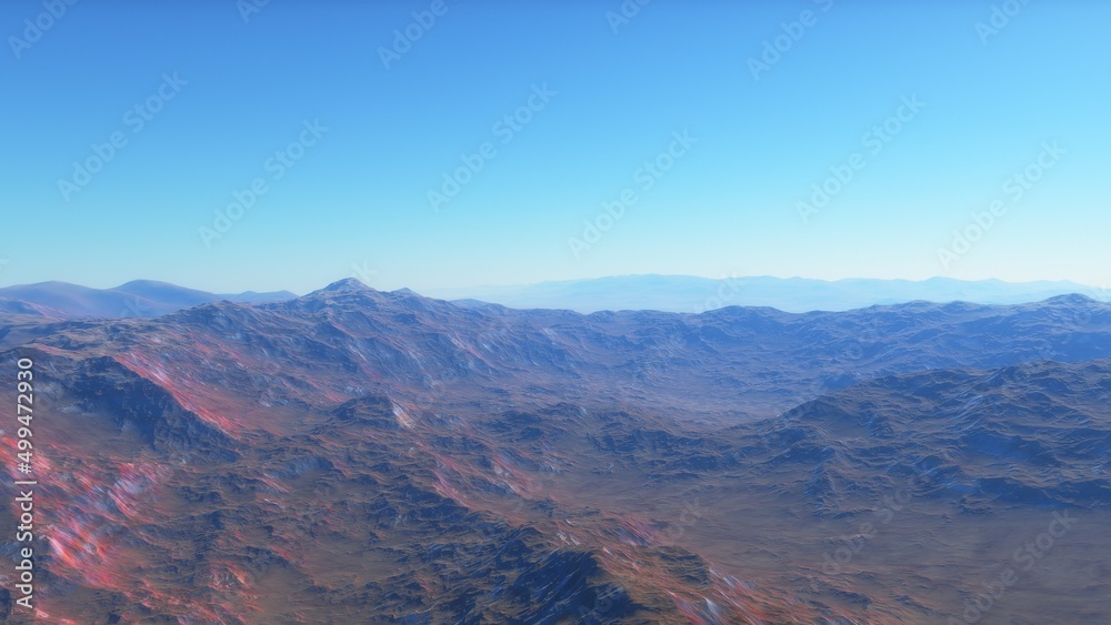 Exoplanet fantastic landscape. Beautiful views of the mountains and sky with unexplored planets