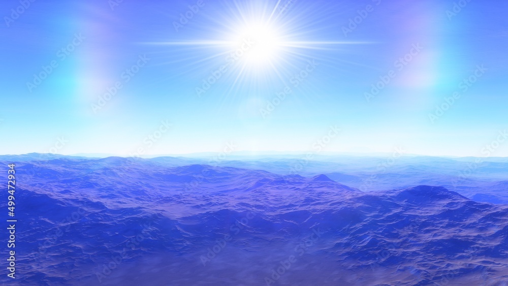 Exoplanet fantastic landscape. Beautiful views of the mountains and sky with unexplored planets