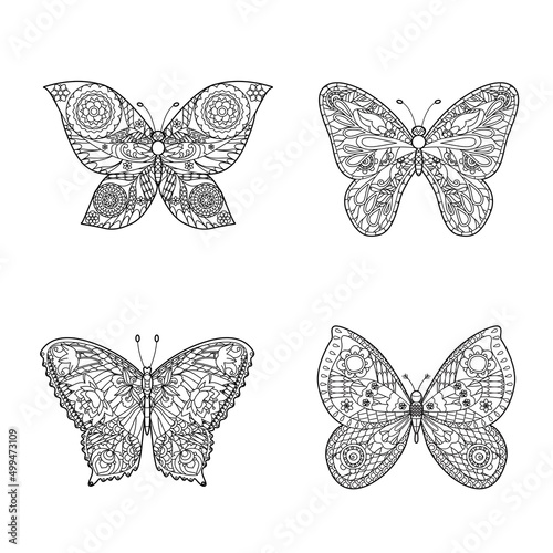 Cute insects butterflies. Doodle style, black and white background. Funny animal, coloring book pages. Hand drawn illustration in zentangle style for children and adults, tattoo.