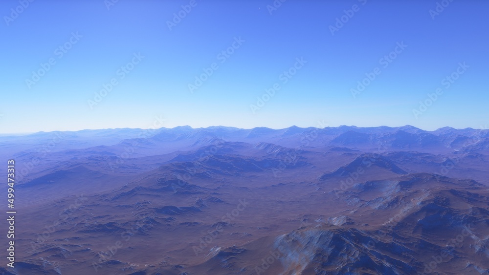 Exoplanet fantastic landscape. Beautiful views of the mountains and sky with unexplored planets