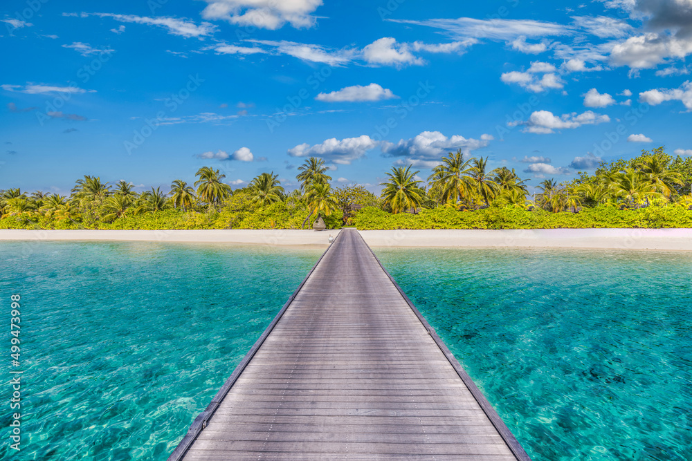 Amazing panorama at Maldives. Luxury resort villas seascape with palm trees, white sand and blue sky. Beautiful summer landscape. Amazing beach background for vacation holiday. Paradise island concept