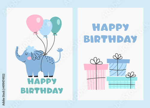 A set of cute birthday greeting cards. Card with elephant, balloons and presents.