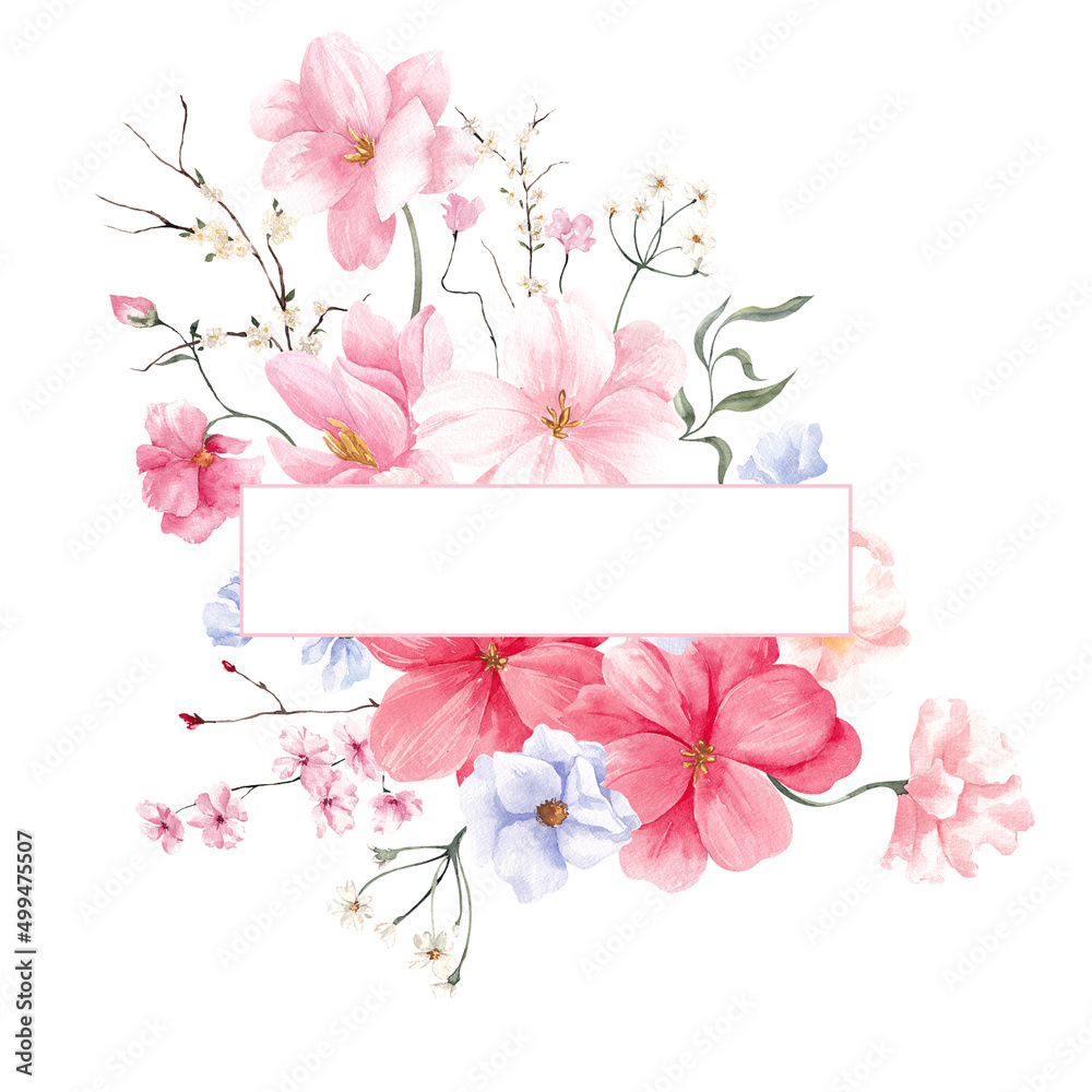Watercolor hand draw spring frame with delicate flowers and blooming branch, isolated on white background Watercolor hand draw spring frame with delicate flowers and blooming branch, isolated on white background