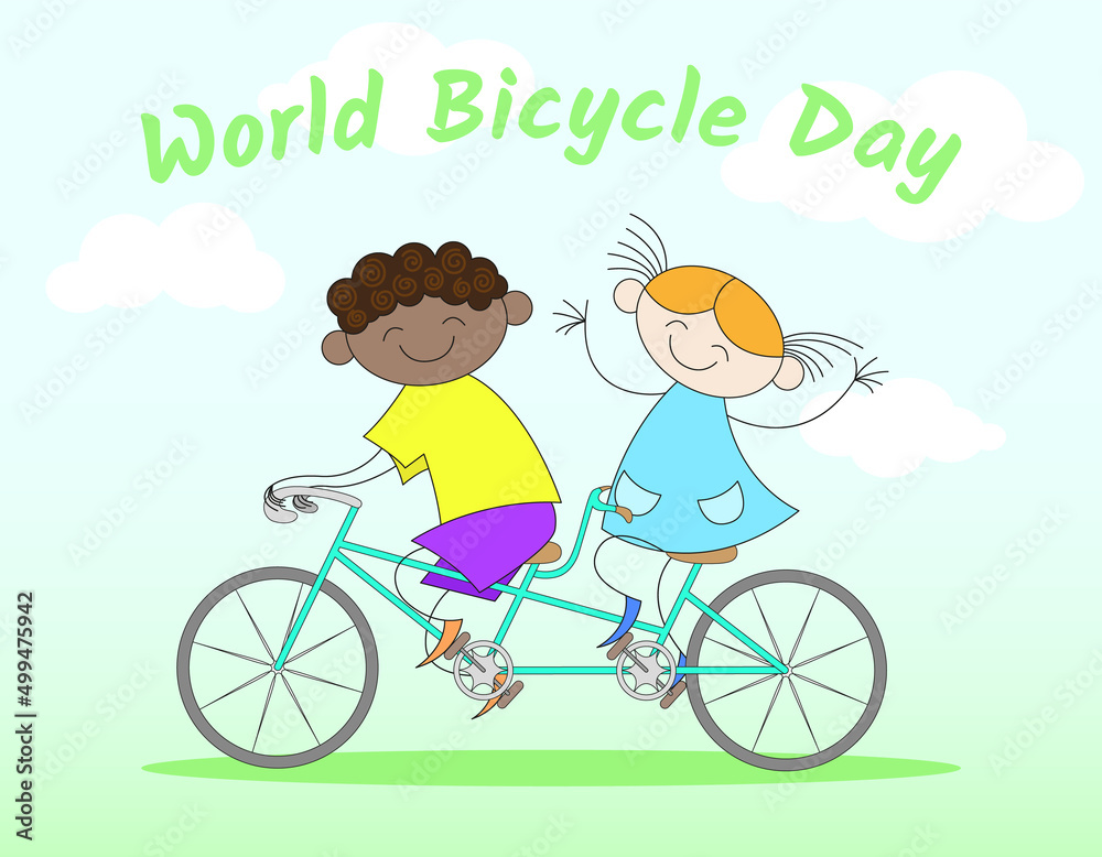 Joyful boy and girl on a tandem bike on a light background for World Bicycle Day Joyful boy and girl on a tandem bike on a light background for World Bicycle Day